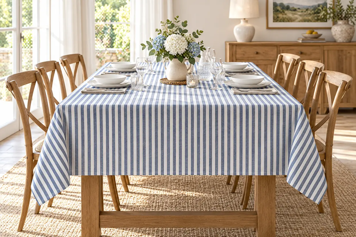 Tovaglia Miros a bastoncini blu 140x240 cm su tavolo rettangolare per 6 persone