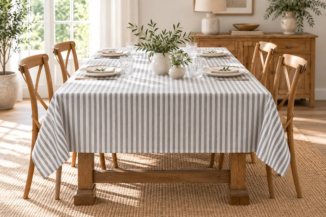Tovaglia Miros a bastoncini grigio 140x240 cm su tavolo rettangolare per 6 persone
