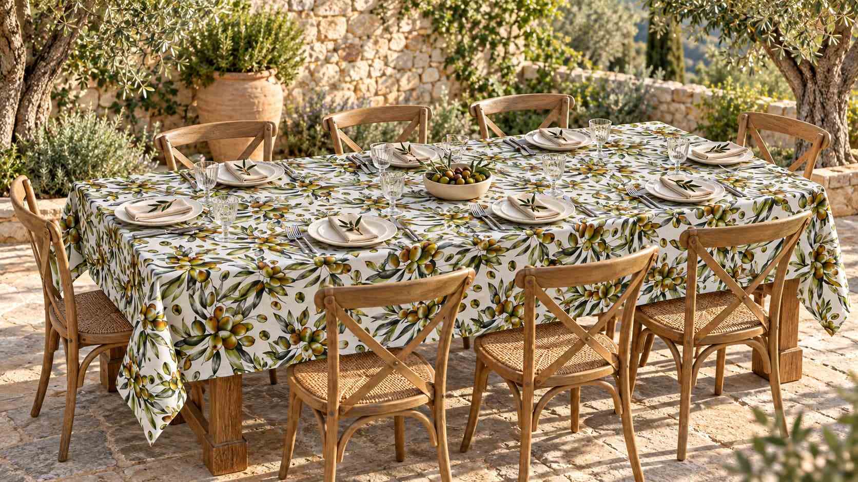 Tovaglia con olive verdi e dorate su un lungo tavolo apparecchiato per otto in un giardino mediterraneo.