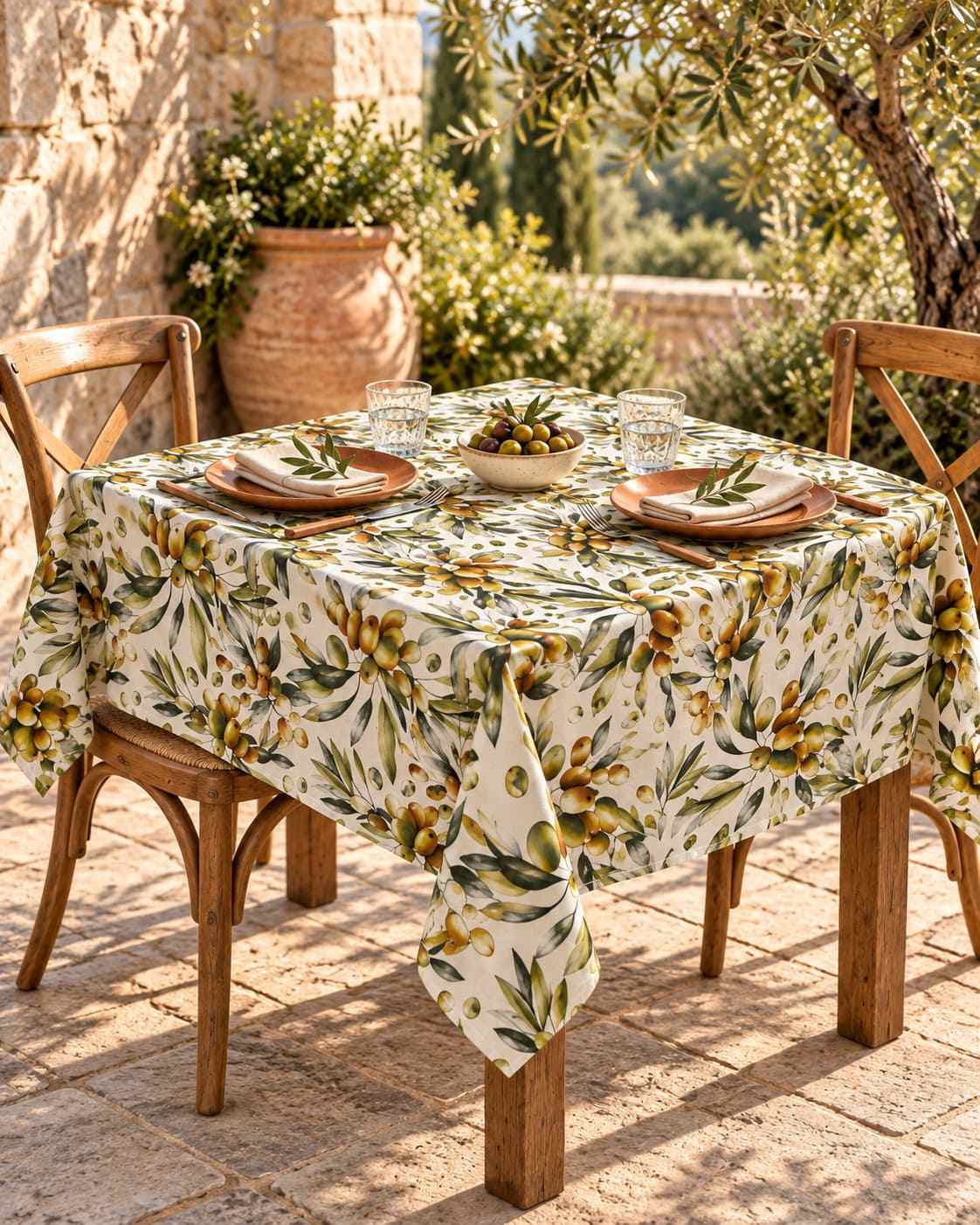 tovaglia avorio con olive e foglie verdi su tavolo quadrato apparecchiato per due in giardino