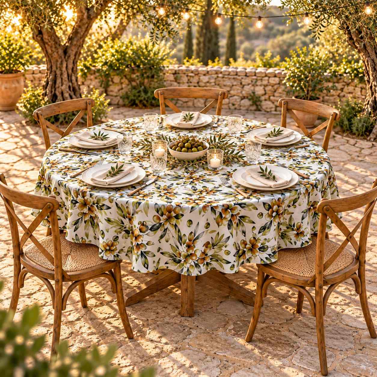 Tovaglia rotonda avorio con olive e foglie verdi, drappeggiata su tavolo con sei coperti in giardino