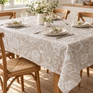 Tovaglia Miros rose bianche tortora 140x180 cm su tavolo rettangolare 4 posti