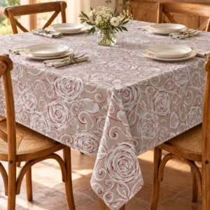 Tovaglia Miros rose tortora 140x180 cm su tavolo rettangolare 4 posti