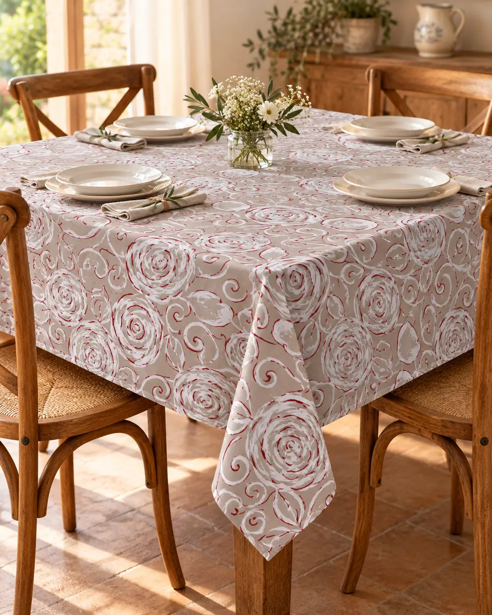 Tovaglia Miros rose tortora 140x180 cm su tavolo rettangolare 4 posti