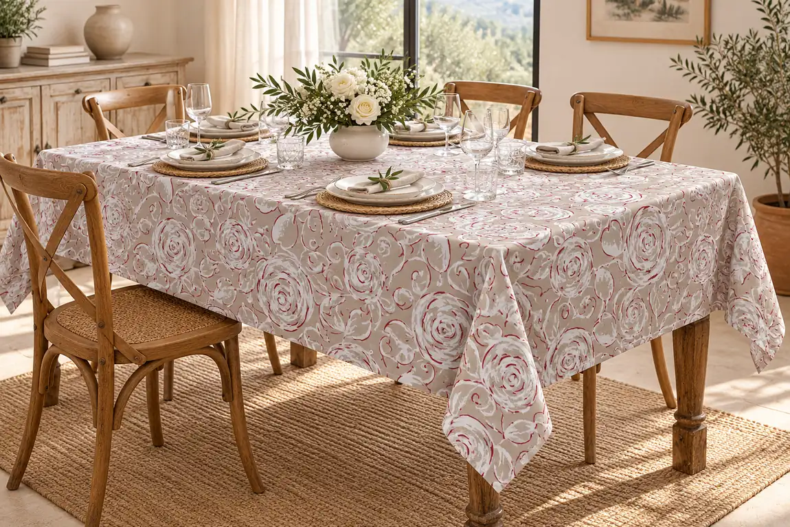 Tovaglia Miros rose tortora 140x240 cm su tavolo rettangolare 6 posti