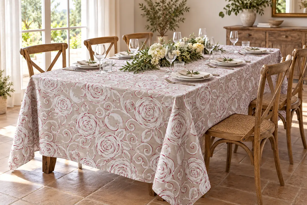 Tovaglia Miros rose tortora 140x300 cm su tavolo rettangolare 8 posti