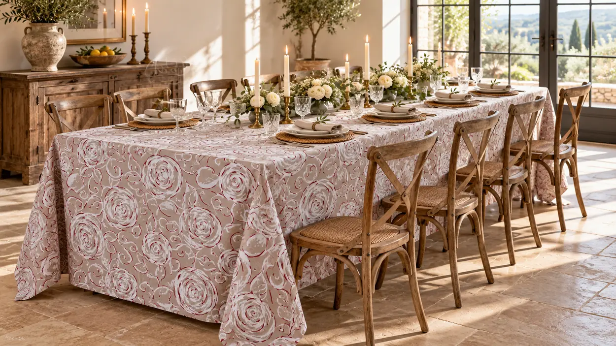 Tovaglia Miros rose tortora 140x360 cm su tavolo lungo 10 posti