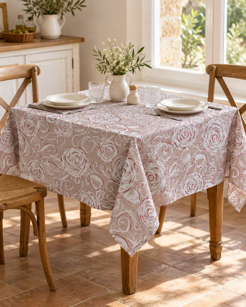 Tovaglia Miros rose tortora 90x90 cm su tavolo quadrato piccolo