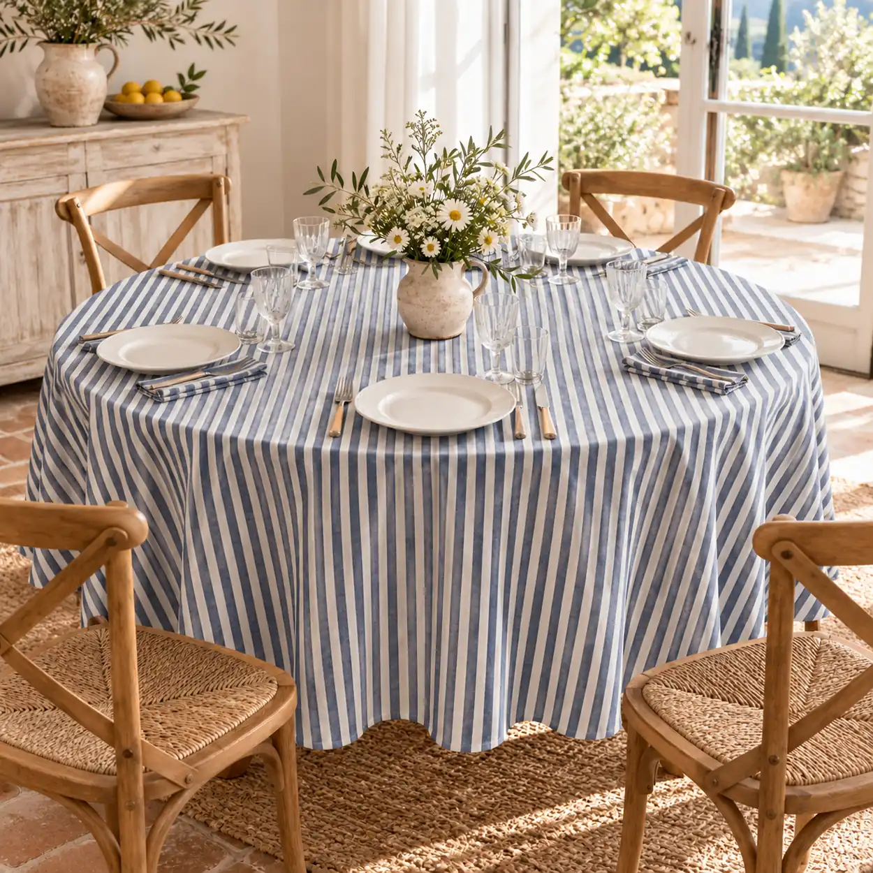 Tovaglia rotonda Miros Ø180 cm a bastoncini blu per tavolo tondo
