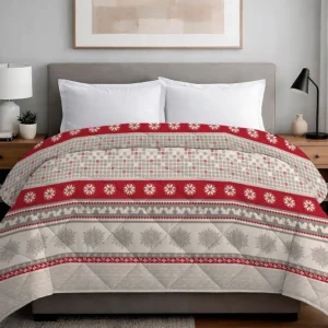 Trapunta Corvara 300 g invernale con una fantasia nordica con fiocchi di neve, bordo rosso e fondo beige - foto 1