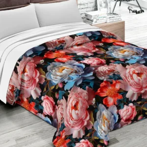 Trapunta Flora 6 Peonie Papaveri invernale con peonie e papaveri rosa, blu e rossi su fondo scuro - foto 1