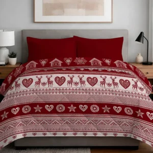 Trapunta Stube 300 g invernale con cuori e stelle su fondo rosso con bordo in stile nordico - foto 1