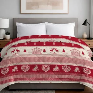 Trapunta Tirolo 300 g invernale con renne, alberi e casette su fondo beige e rosso - foto 1